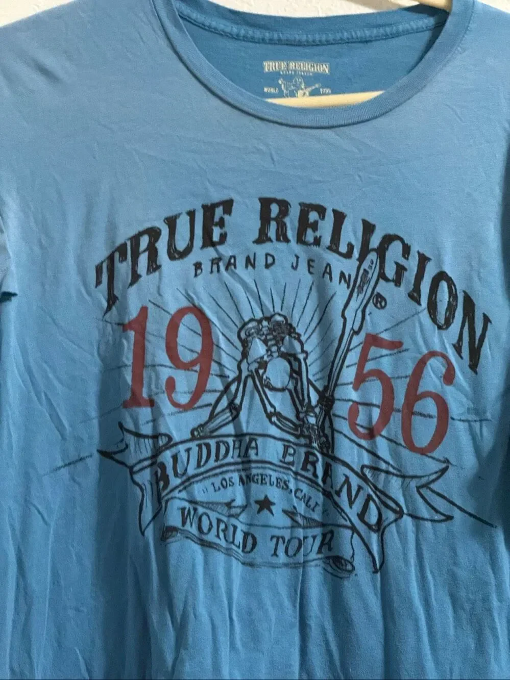 True Religion T-shirt Mens Size S Baby Blue Buddha Logo Short Sleeve